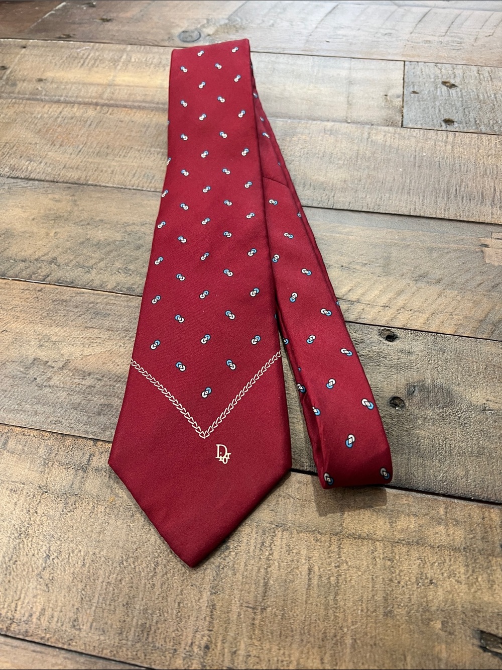 Dior Men's Deep Red Silk Tie with Small Light Blue Paisley Motif